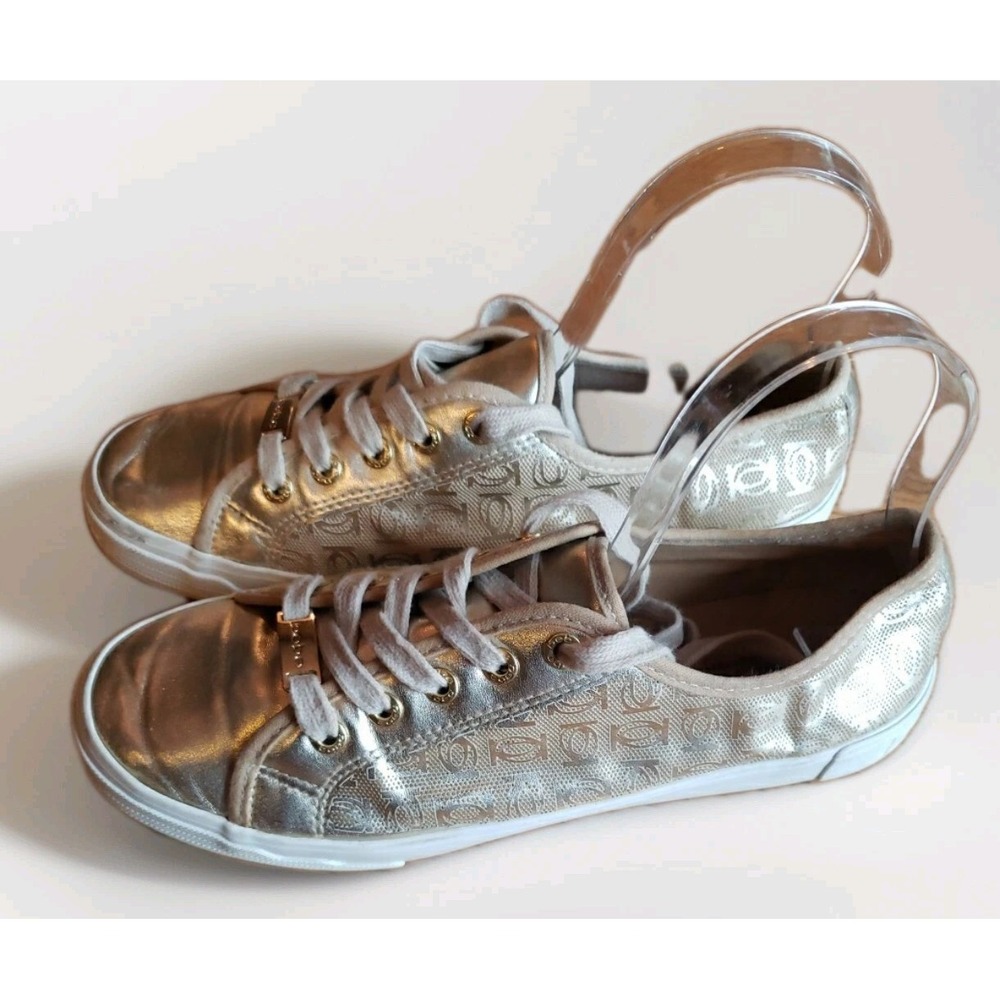 BEBE DANE LOGO METALLIC GOLD LACE UP Women's SNEAKERS SHOES Sz 10